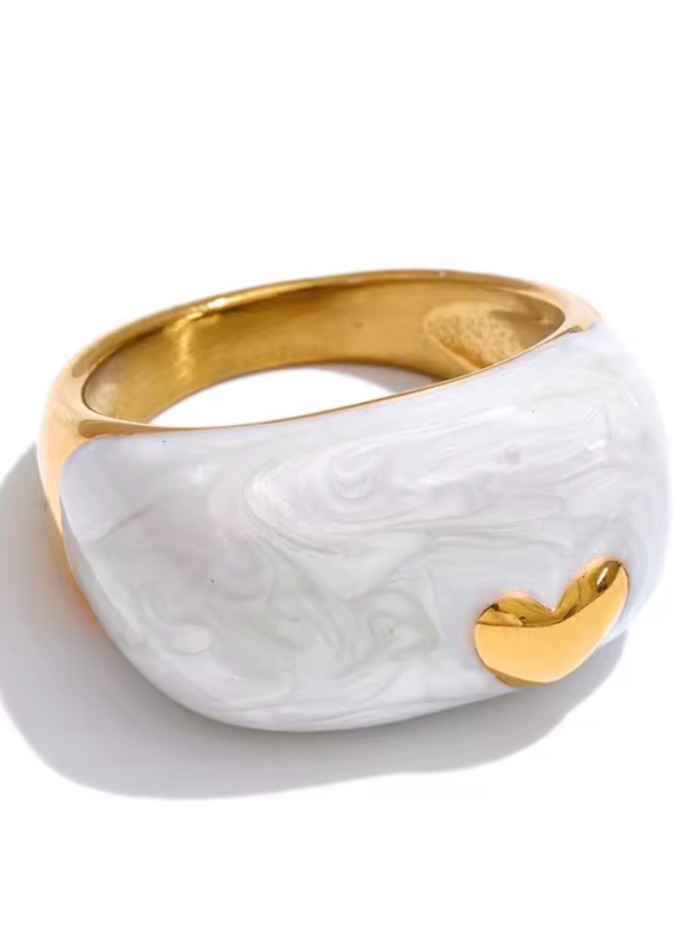 18K gold plated White Marbled Dome Ring with Gold Heart - Picture 8 of 9